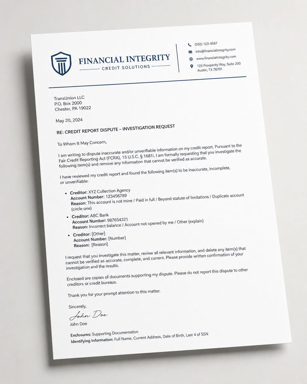 Preview of free credit dispute letter template